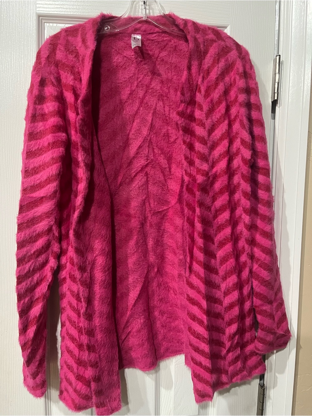 Belldini Hot Pink Fuzzy Open-Front Striped Cardigan